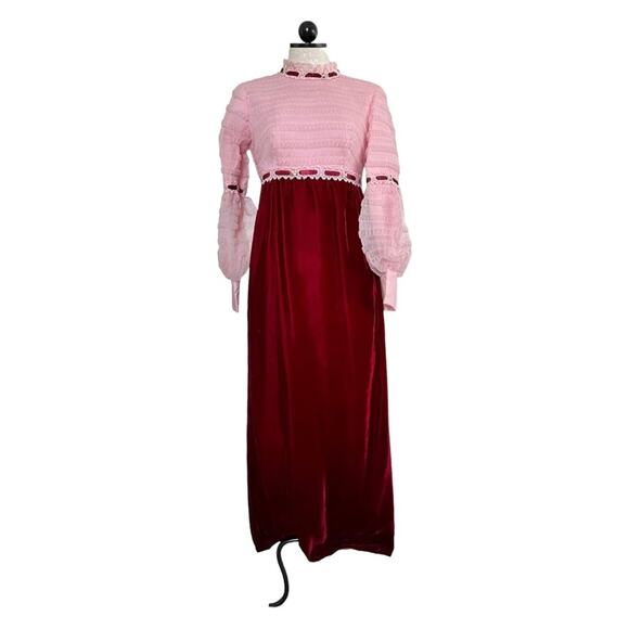 Vintage Dresses & Skirts - Vintage 1960's Juniors Formal Pink & Burgundy Long Dress Velvet & Nylon Size 7/8